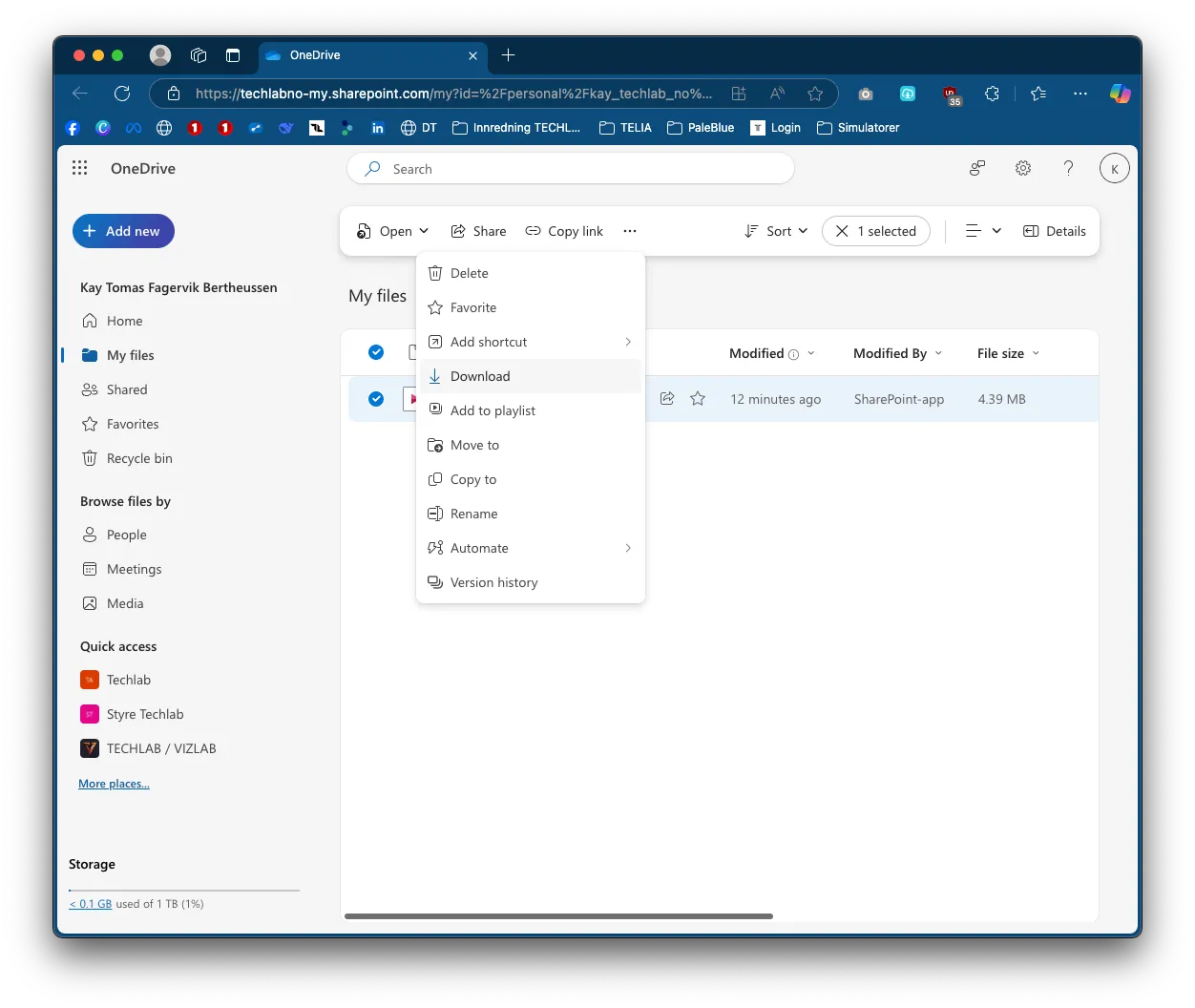 OneDrive med filen tilgjengelig under Mine filer - Mine Innspillinger.