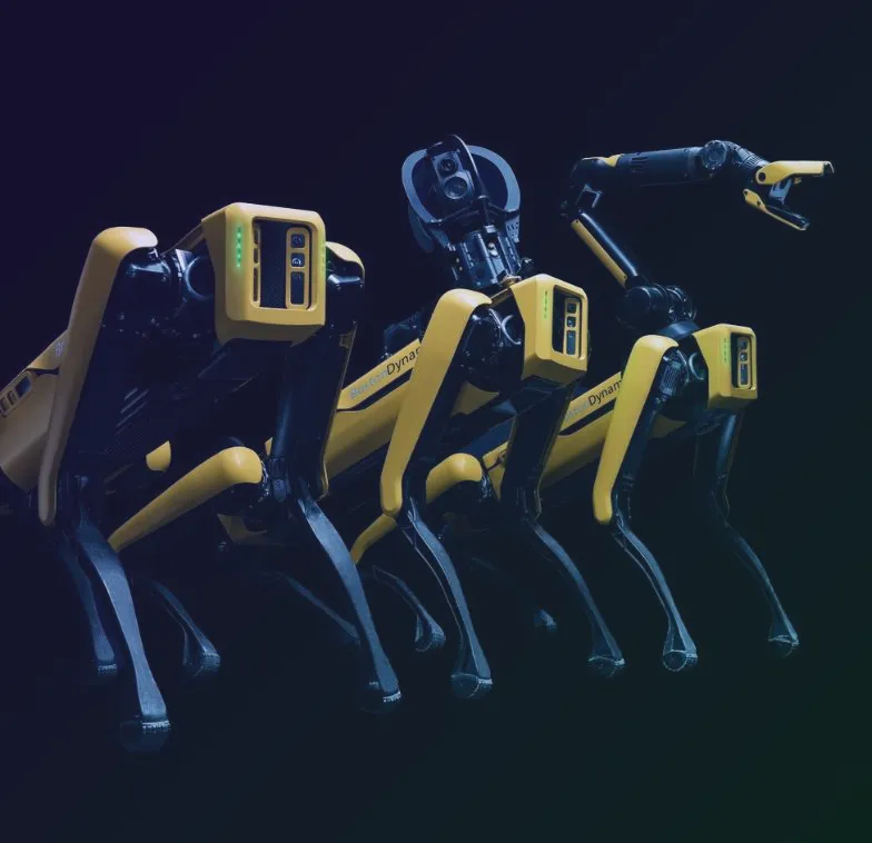 SPOTs med payloads. Lidar-scanner og gripe-arm. Fotokreditt Boston Dynamics.