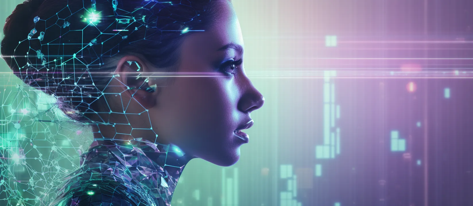 Prompt “futuristic header for an article about generative AI and its usage, holography, green and purple hues, --ar 16:7”. Fotokreditt Techlab