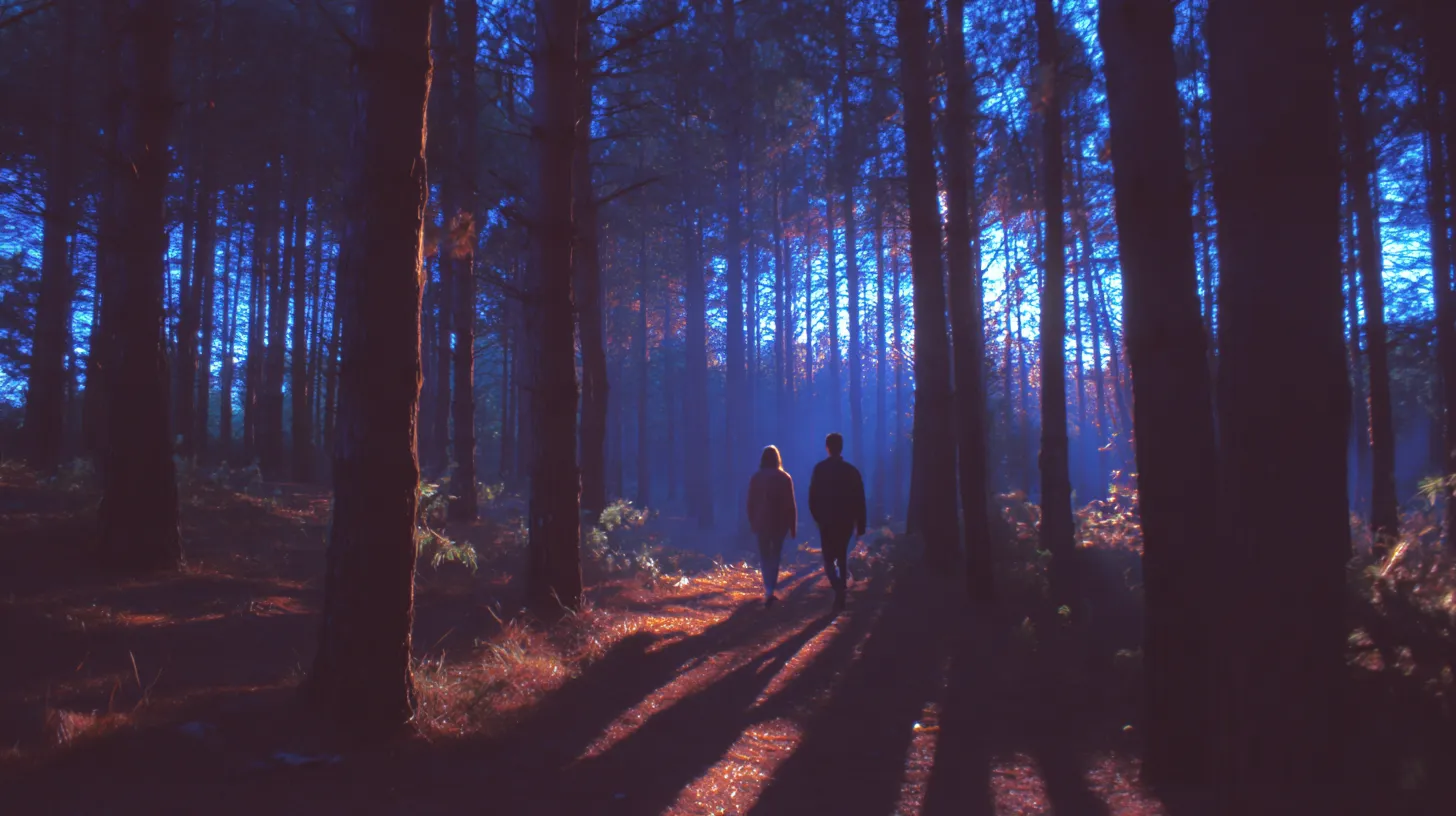 Midjourney-eksempel med to personer i skog og stemningslys.