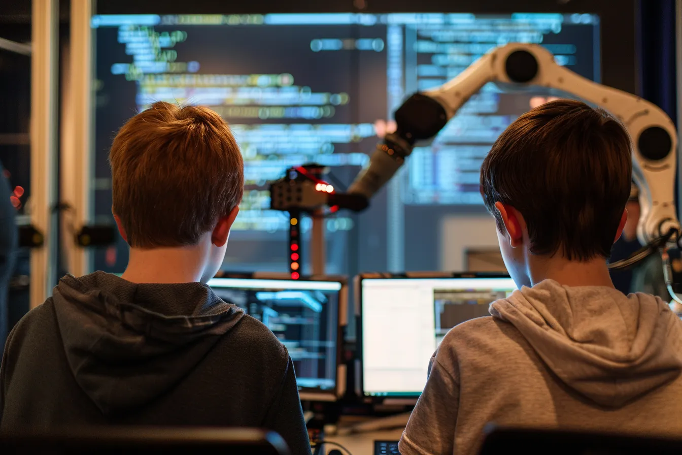 To elever som jobber med robotkonfigurering.For å beskytte elevenes identitet, har vi brukt en KI illustrasjon fra Midjourney.For ekstra indentitetsbeskyttelse, viser vi ikke ansiktet.