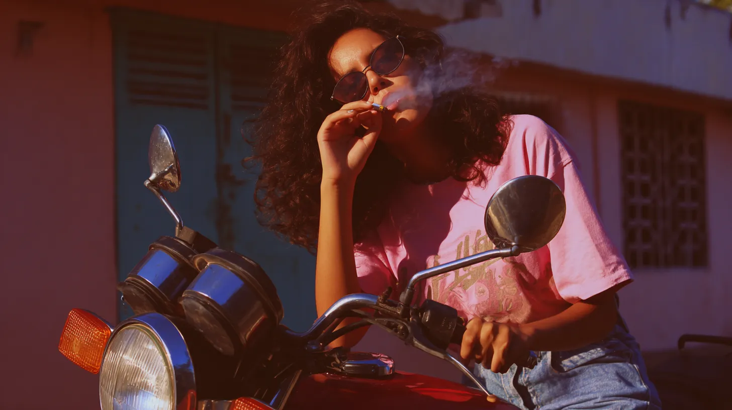 Midjourney-eksempel med motorsykkel og filmatisk uttrykk.